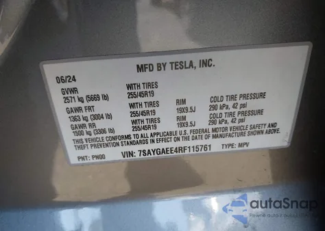 2024 Tesla Model Y Long Range Dual Motor All-Wheel Drive из США, поврежденный, VIN 7SAYGAEE4RF115761